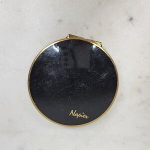 Vintage Napier Stratton Compact Mirror Black Gold Double Sided Hinged England